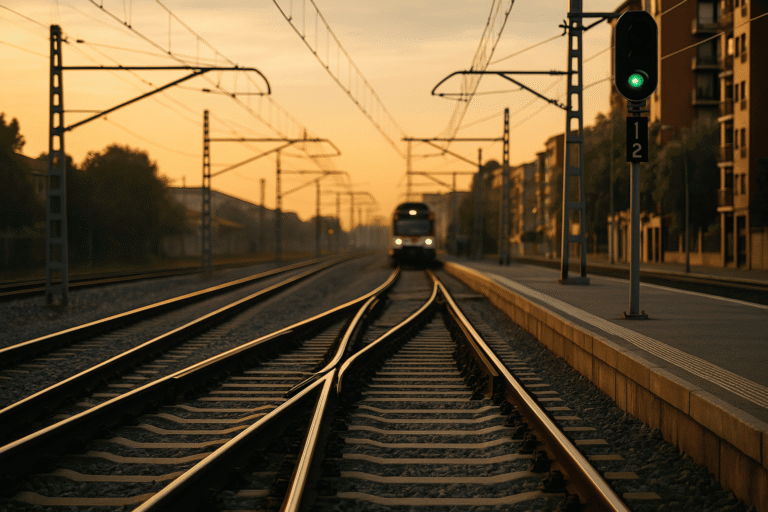Vista fotorealista de una estación ferroviaria al atardecer con escapes y desvíos recién instalados en un entorno urbano