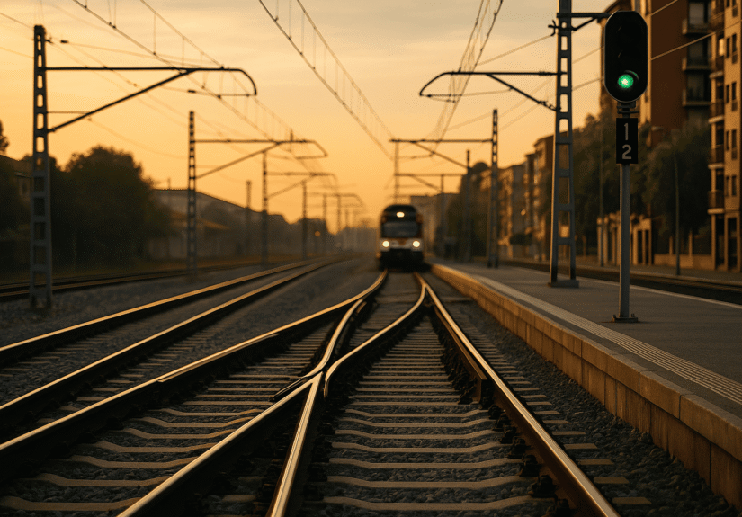 Vista fotorealista de una estación ferroviaria al atardecer con escapes y desvíos recién instalados en un entorno urbano