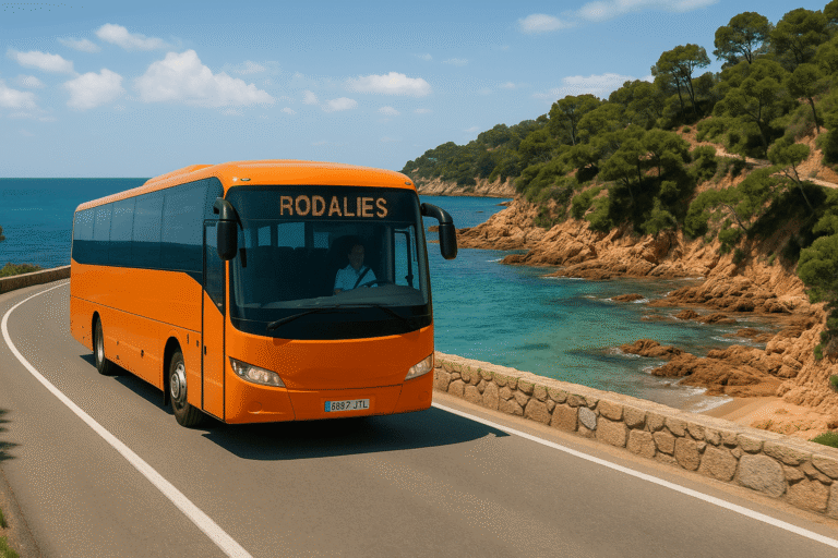 Un autobús naranja de Rodalies circula por una carretera de la Costa Brava, con el panel LED delantero mostrando el operador. El paisaje combina mar turquesa, acantilados rocosos y pinares mediterráneos bajo un cielo despejado.