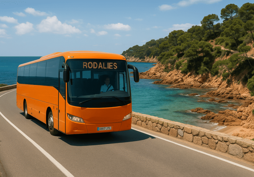 Un autobús naranja de Rodalies circula por una carretera de la Costa Brava, con el panel LED delantero mostrando el operador. El paisaje combina mar turquesa, acantilados rocosos y pinares mediterráneos bajo un cielo despejado.