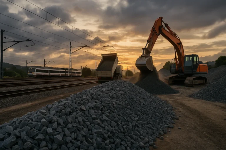 Acopio de balasto ferroviario para el suministro del mismo con excavadora y camión junto a las vías al atardecer.