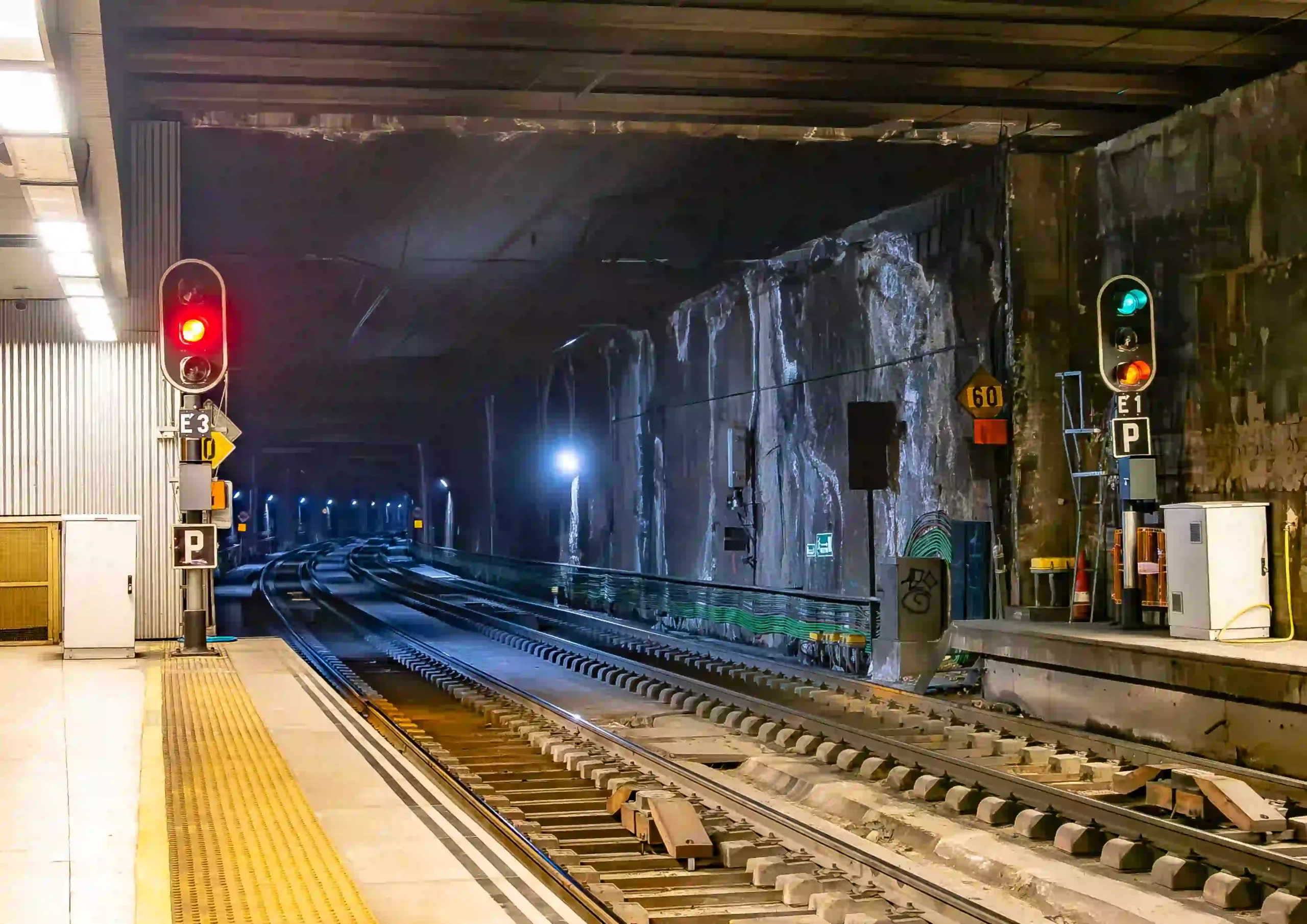 Interior de un túnel ferroviario con vías en placa y señales luminosas activas.
