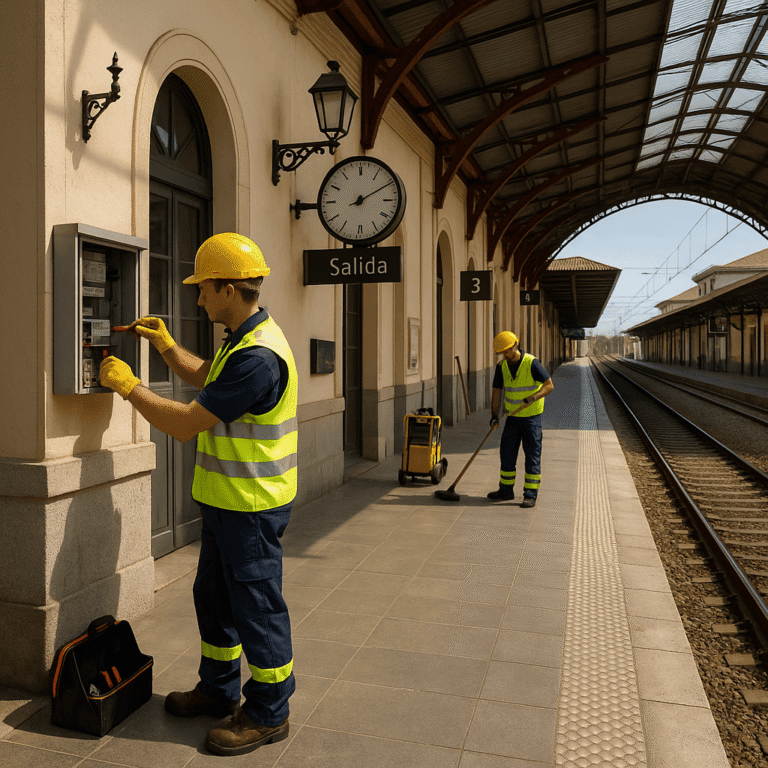 Operarios haciendo pequeñas reparaciones en una estación de tren