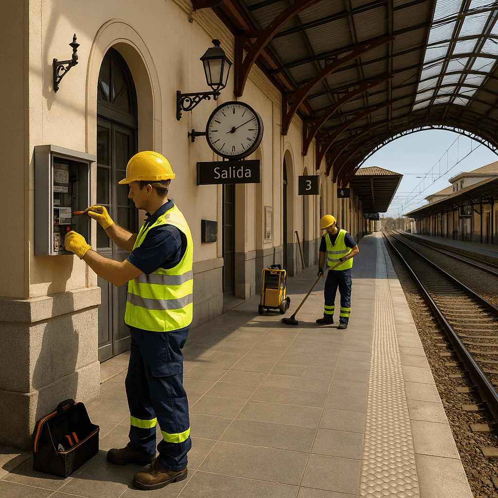 Operarios haciendo pequeñas reparaciones en una estación de tren