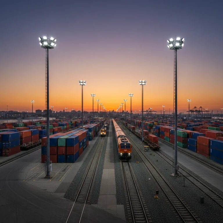 Terminal de transporte iluminada por nuevas torres de proyectores LED de alta eficiencia durante el atardecer.