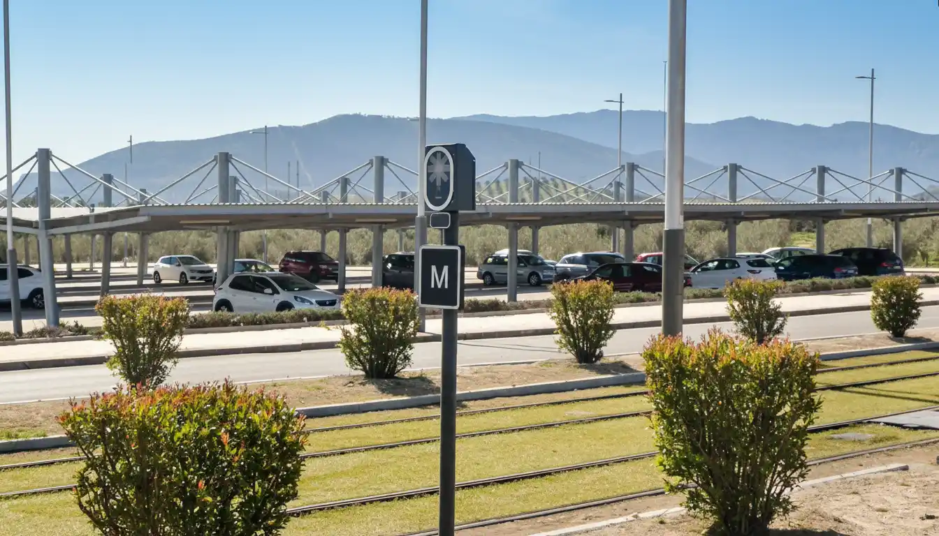 Señalización ferroviaria del Tranvía de Jaén junto a las vías con césped y montañas al fondo.