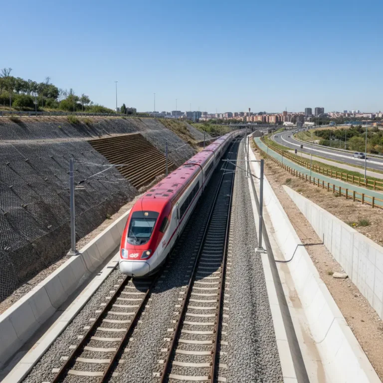 Un tren de Alta Velocidad haciendo paso por una zona en donde los drenajes de la via han sido reformados