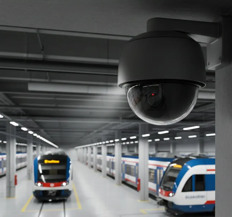 Recreación visual de una nueva cámara de videovigilancia domo instalada en el techo de unas cocheras ferroviarias con unidades de tren al fondo, representando el plan de seguridad de Euskotren.