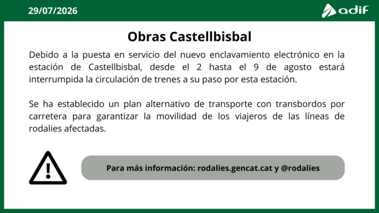 Infografía de Adif anunciando la interrupción del tráfico de trenes en la estación de Castellbisbal del 2 al 9 de agosto por obras de puesta en servicio de un enclavamiento electrónico, ofreciendo un plan alternativo por carretera.