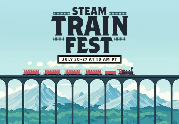 Ilustración de estilo vintage que anuncia el evento «Steam Train Fest». En la imagen se observa un tren de vapor rojo y negro cruzando un gran viaducto sobre un paisaje de montañas y bosques, bajo un cielo despejado. El texto indica la fecha: del 20 al 27 de julio a las 10 AM PT.
