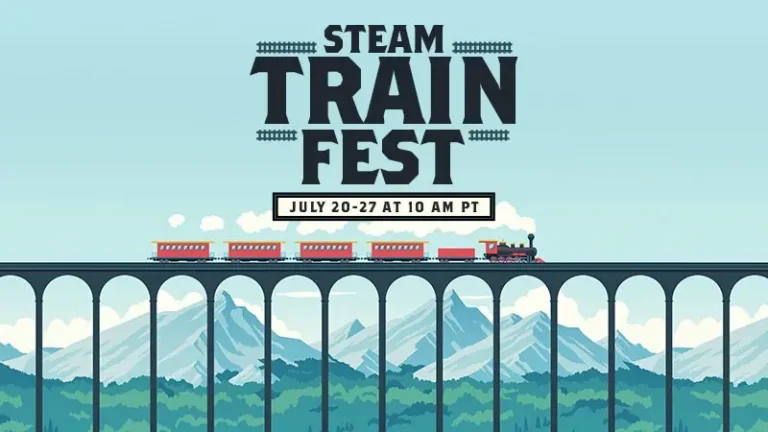Ilustración de estilo vintage que anuncia el evento «Steam Train Fest». En la imagen se observa un tren de vapor rojo y negro cruzando un gran viaducto sobre un paisaje de montañas y bosques, bajo un cielo despejado. El texto indica la fecha: del 20 al 27 de julio a las 10 AM PT.