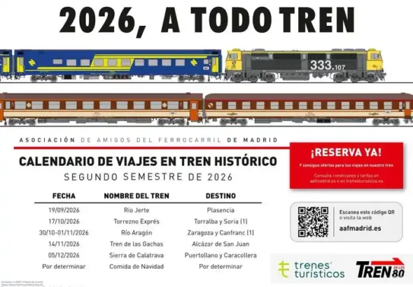 Cartel informativo de la Asociación de Amigos del Ferrocarril de Madrid que detalla el calendario de viajes en tren histórico para el segundo semestre de 2026. Muestra ilustraciones de locomotoras y vagones en la parte superior, una tabla con fechas, nombres de trenes y destinos, y un código QR para reservas.