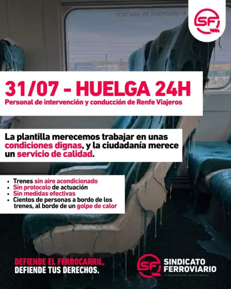 Cartel informativo del Sindicato Ferroviario convocando una huelga de 24 horas para el 31 de julio en Renfe Viajeros. Muestra el interior conceptual de un vagón de tren donde los asientos parecen derretirse por el calor extremado. Incluye textos exigiendo condiciones dignas, un servicio de calidad y denunciando fallos en el aire acondicionado y riesgo de golpes de calor.