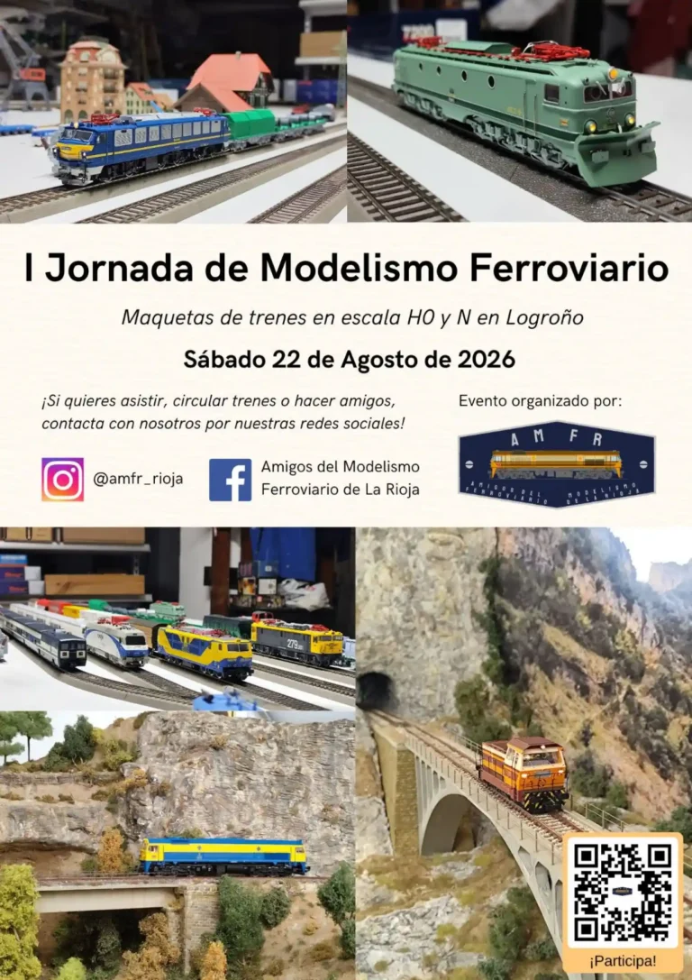 Cartel anunciador de la "I Jornada de Modelismo Ferroviario" en Logroño, organizado por Amigos del Modelismo Ferroviario de La Rioja para el sábado 22 de agosto de 2026. Muestra fotografías de maquetas de trenes a escala HO y N, información de contacto en redes sociales y un código QR.