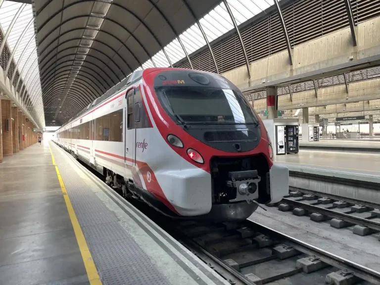 Un tren de Cercanías Renfe de color blanco y rojo estacionado junto a la vía bajo la nave acristalada de una estación ferroviaria.