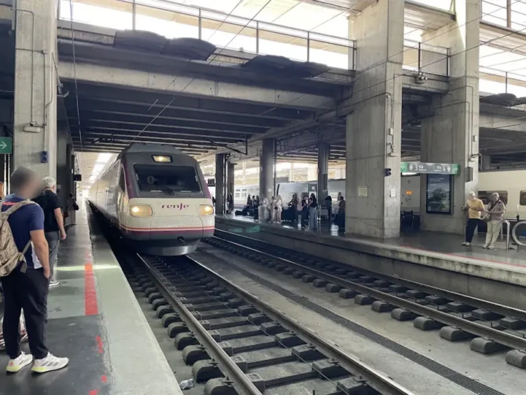 Un tren de pasajeros de Renfe de color blanco y morado entra a la estación de Córdoba Julio Anguita, mientras varios viajeros esperan en los andenes cubiertos de hormigón.