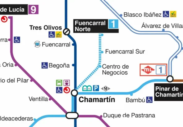 Plano esquemático del Metro de Madrid que muestra el nuevo trazado proyectado para la Línea 1 hacia Madrid Nuevo Norte. La línea celeste discontinua conecta la estación de Chamartín con las tres nuevas paradas: Centro de Negocios, Fuencarral Sur y la cabecera en Fuencarral Norte.