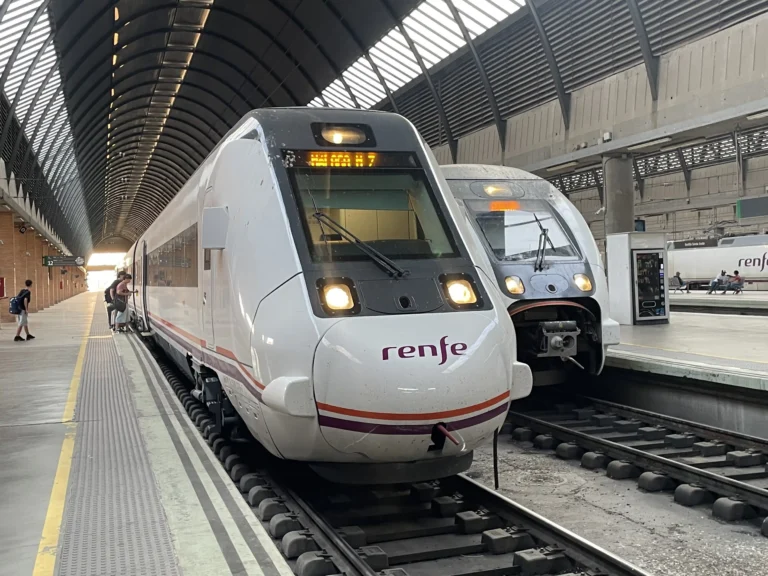 Tren de Media Distancia de Renfe de color blanco con franja morada estacionado en la vía del andén número 12 de una estación cubierta, junto a otro convoy.