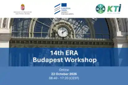 Banner del 14.º Taller de la ERA en Budapest sobre un fondo con la fachada acristalada y el reloj de la estación de tren de Budapest. Incluye los logotipos del Ministerio de Transportes y Obras Públicas de Hungría, la Agencia de Ferrocarriles de la Unión Europea y el KTI. En el centro señala la fecha de celebración online: 22 de octubre de 2026, de 08:40 a 17:20 (CEST).