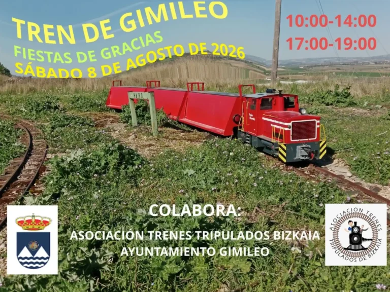 Cartel promocional del Tren de Gimileo con una fotografía de un tren miniatura rojo tripulado sobre vías instaladas en el campo. Incluye texto en amarillo con la fecha «Sábado 8 de agosto de 2026» y horarios en rojo «10:00-14:00» y «17:00-19:00». En la parte inferior se muestra la colaboración de la Asociación Trenes Tripulados Bizkaia y el Ayuntamiento de Gimileo junto a sus respectivos escudos y logotipos.