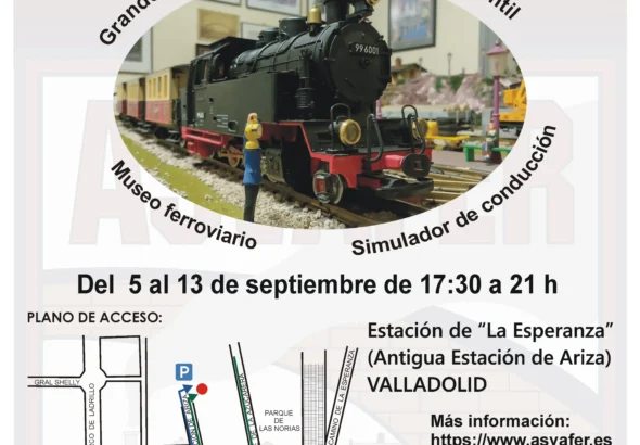 Cartel promocional de la XXXIV Exposición Ferroviaria organizada por ASVAFER. Muestra la imagen central de una maqueta detallada de un tren a vapor clásico en miniatura con vagones de pasajeros. Incluye un mapa esquemático de acceso a la Estación de La Esperanza en Valladolid, fechas del evento (del 5 al 13 de septiembre), un código QR y los logotipos de los colaboradores: Adif, Ayuntamiento de Valladolid y Renfe.