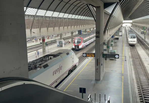 Vista panorámica desde la zona superior de una estación de tren con andenes, vías y varios trenes de Renfe detenidos y en circulación.