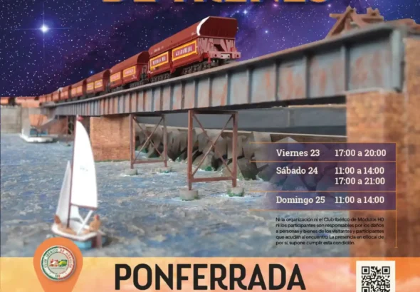 Cartel promocional del encuentro de modelismo ferroviario «Gran Maqueta de Trenes», a celebrarse del 23 al 25 de octubre de 2026 en la Sala Turbinas de La Térmica Cultural, Ponferrada. Incluye imágenes de maquetas de trenes cruzando un puente y en vías de estación, junto con los horarios del evento.