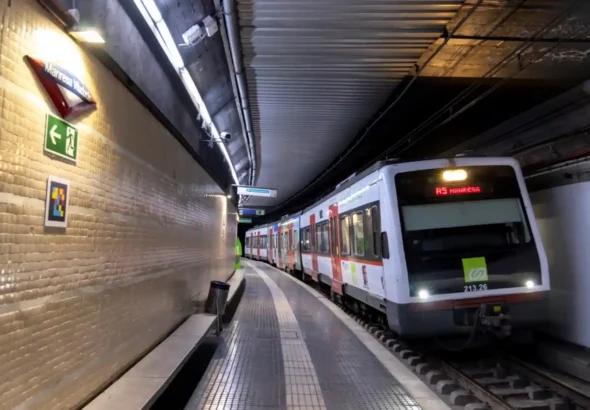 Tren de Ferrocarrils de la Generalitat de Catalunya (FGC) estacionado en el andén subterráneo de Manresa-Viladordis, mostrando el letrero luminoso de la línea R5 con destino Manresa.