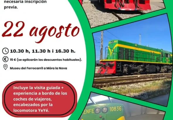 Cartel promocional con detalles e imágenes de la locomotora histórica YeYé (RENFE 10836) en color verde y amarillo, que ofrece recorridos y visitas guiadas el 22 de agosto en el Museu del Ferrocarril a Móra la Nova.