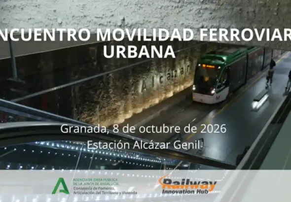 Cartel promocional del I Encuentro Movilidad Ferroviaria Urbana, programado para el 8 de octubre de 2026 en la estación Alcázar Genil de Granada, organizado por la Junta de Andalucía y Railway Innovation Hub.