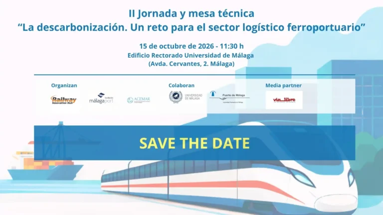 Cartel de evento 'Save The Date' para la II Jornada sobre la descarbonización en el sector ferroportuario en Málaga, con la imagen de un tren de alta velocidad e ilustraciones marítimas de fondo.