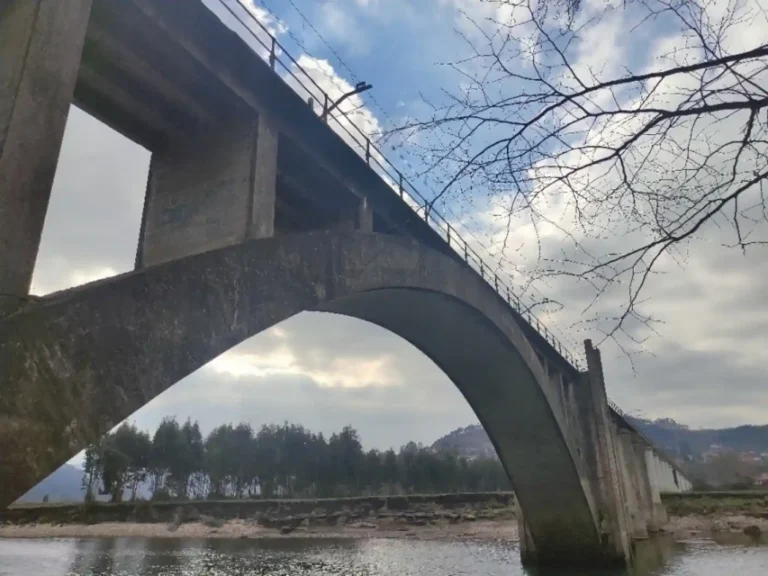 Vista inferior de un viaducto ferroviario de hormigón con un gran arco central sobre el río Nalón en Asturias, rodeado de vegetación y bajo un cielo parcialmente nublado.