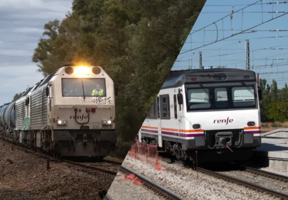 Imagen dividida diagonalmente que muestra a la izquierda una locomotora diésel-eléctrica de mercancías Renfe Serie 333.3 arrastrando un tren de carga, y a la derecha un automotor diésel de pasajeros Renfe Serie 592.2 en las vías.