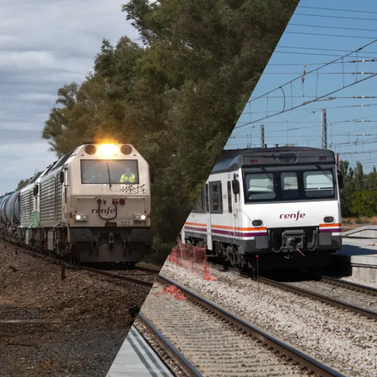 Imagen dividida diagonalmente que muestra a la izquierda una locomotora diésel-eléctrica de mercancías Renfe Serie 333.3 arrastrando un tren de carga, y a la derecha un automotor diésel de pasajeros Renfe Serie 592.2 en las vías.