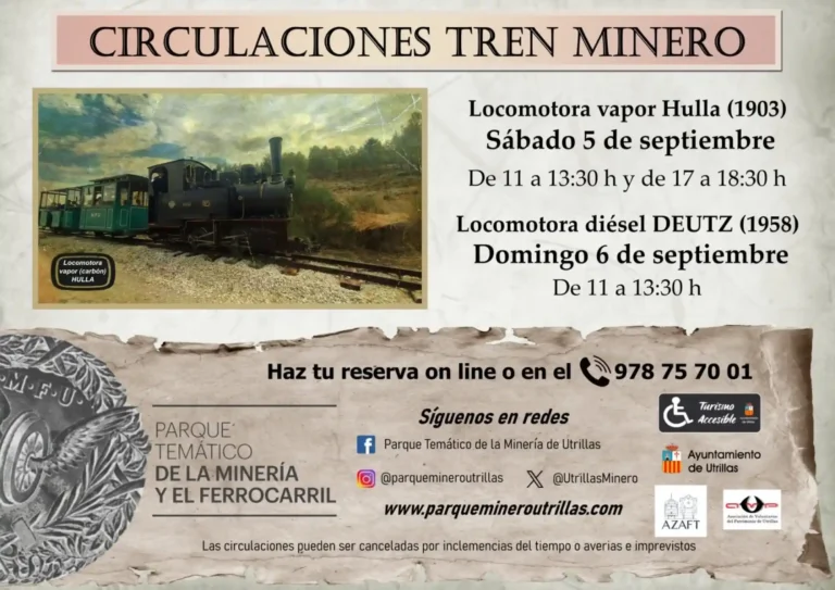 Cartel del Parque Temático de la Minería y el Ferrocarril de Utrillas que anuncia circulaciones del Tren Minero. A la izquierda aparece una fotografía de la locomotora de vapor Hulla de 1903 con vagones de pasajeros en las vías. A la derecha se detallan los horarios: sábado 5 de septiembre para la locomotora de vapor Hulla y domingo 6 de septiembre para la locomotora diésel Deutz de 1958. En la parte inferior se indica el teléfono de reservas, la página web y logos oficiales.