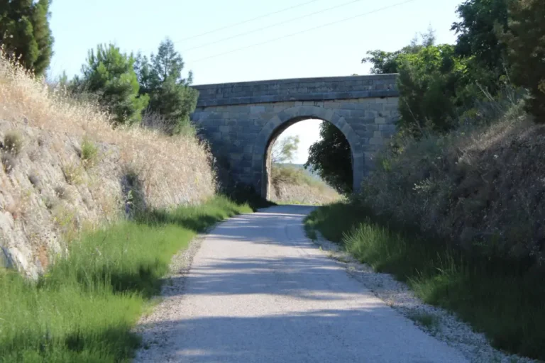 Camino rural de tierra clara flanqueado por vegetación que pasa por debajo de un antiguo puente o viaducto de arco de piedra bajo un cielo despejado.